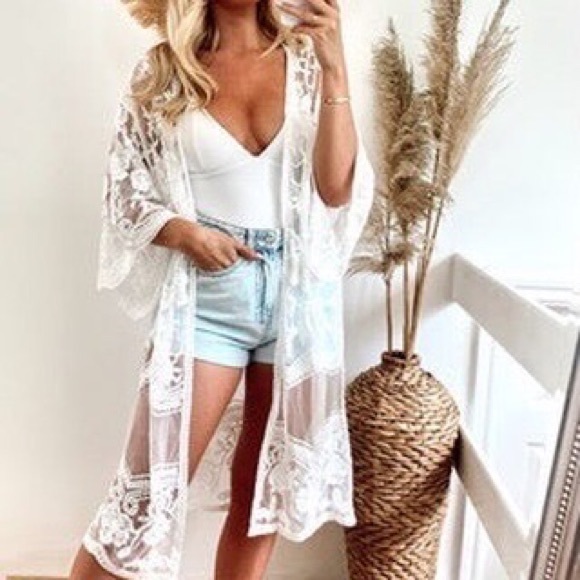 White mesh lace boho kimono cardigan sweater - Picture 2 of 4